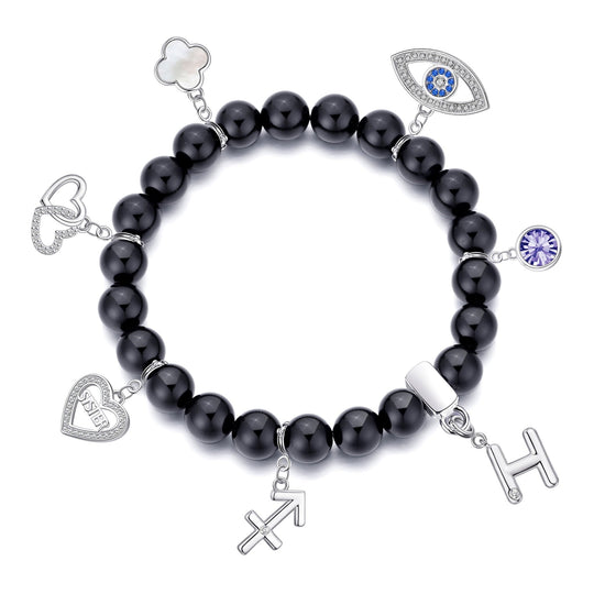 Black Onyx Gemstone Stretch Bracelet with Choice of Charms - Philip Jones Jewellery