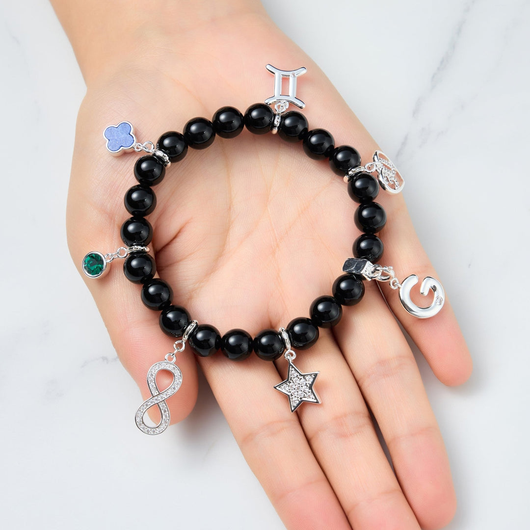 Black Onyx Gemstone Stretch Bracelet with Option of Charms - Philip Jones Jewellery