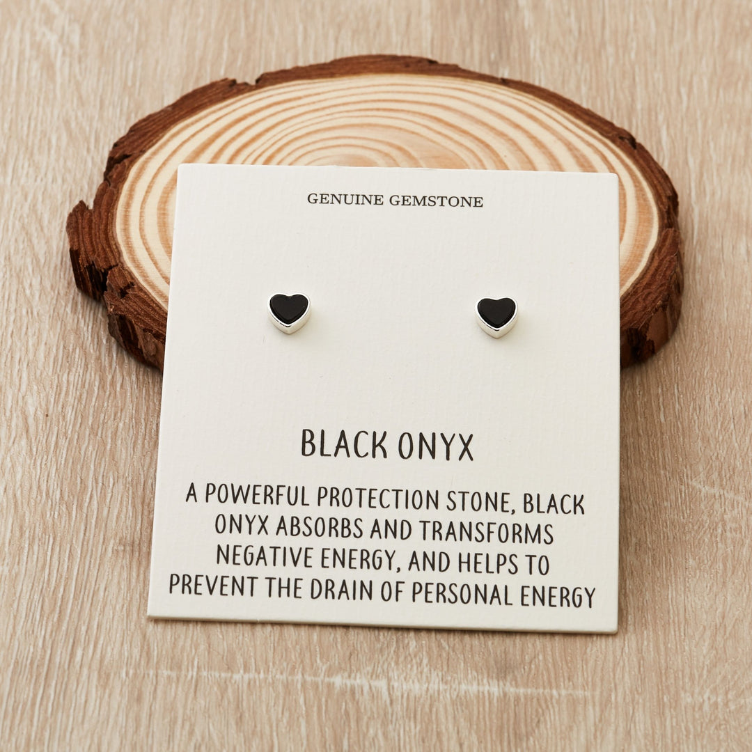 Black Onyx Heart Stud Earrings with Quote Card - Philip Jones Jewellery