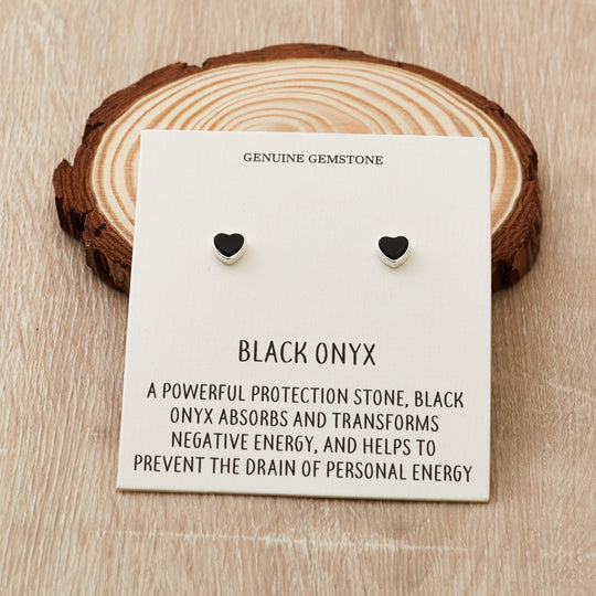 Black Onyx Heart Stud Earrings with Quote Card - Philip Jones Jewellery