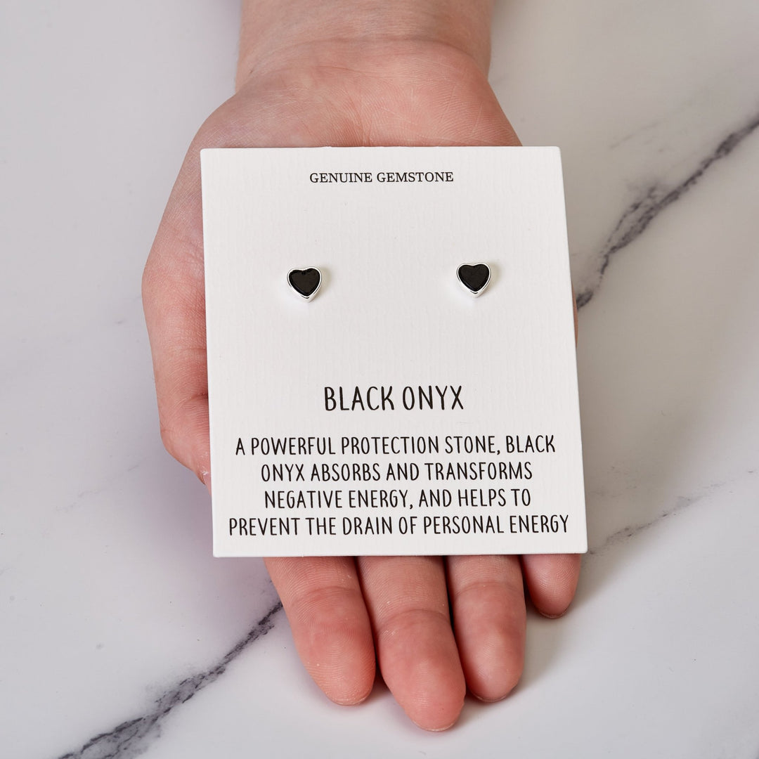 Black Onyx Heart Stud Earrings with Quote Card - Philip Jones Jewellery