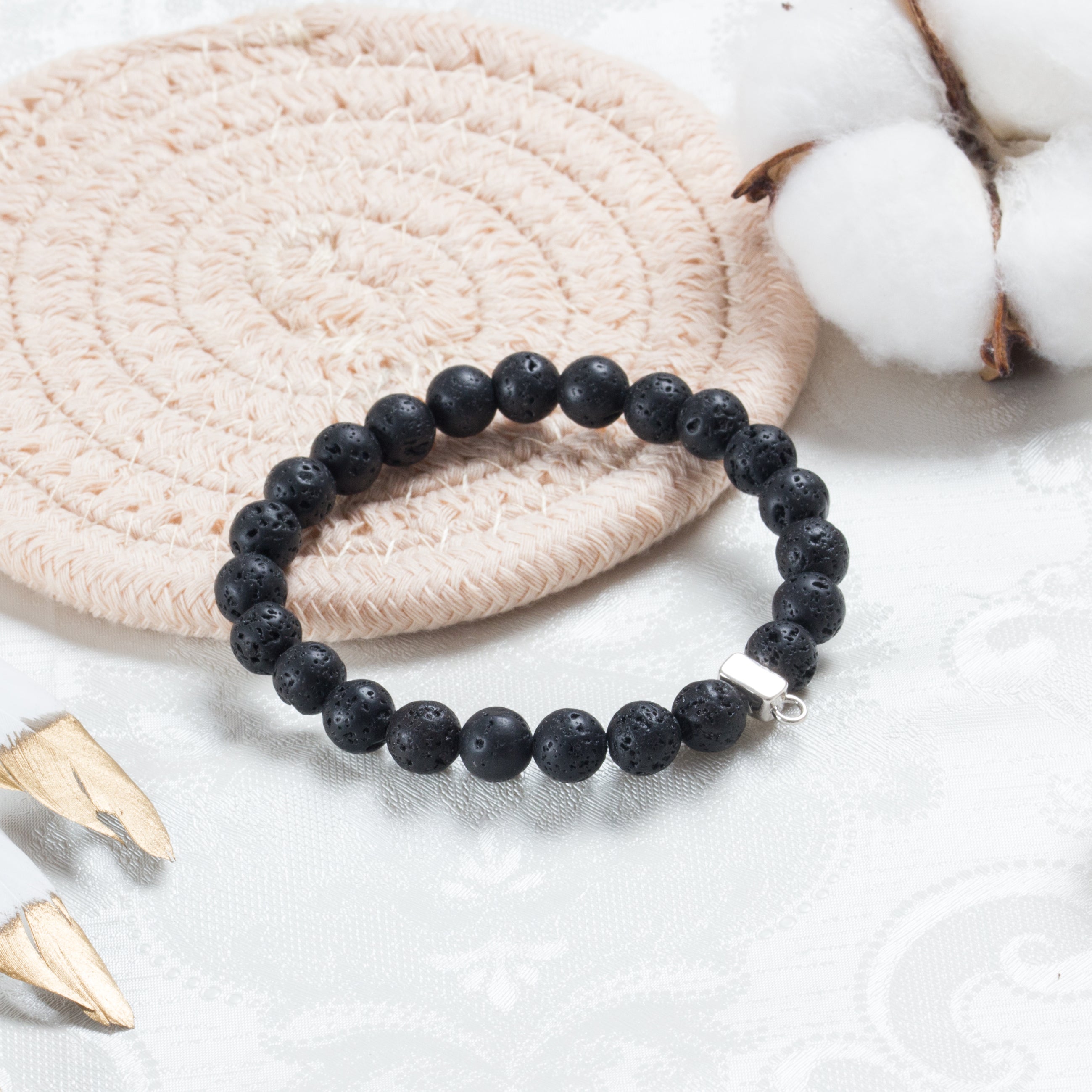Lava Rock Gemstone Stretch Bracelet with Charm Created with Zircondia® Crystals