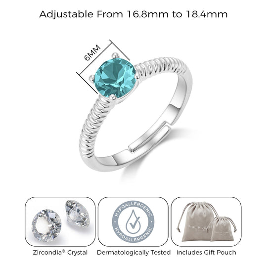 Blue Adjustable Crystal Ring Created with Zircondia® Crystals - Philip Jones Jewellery