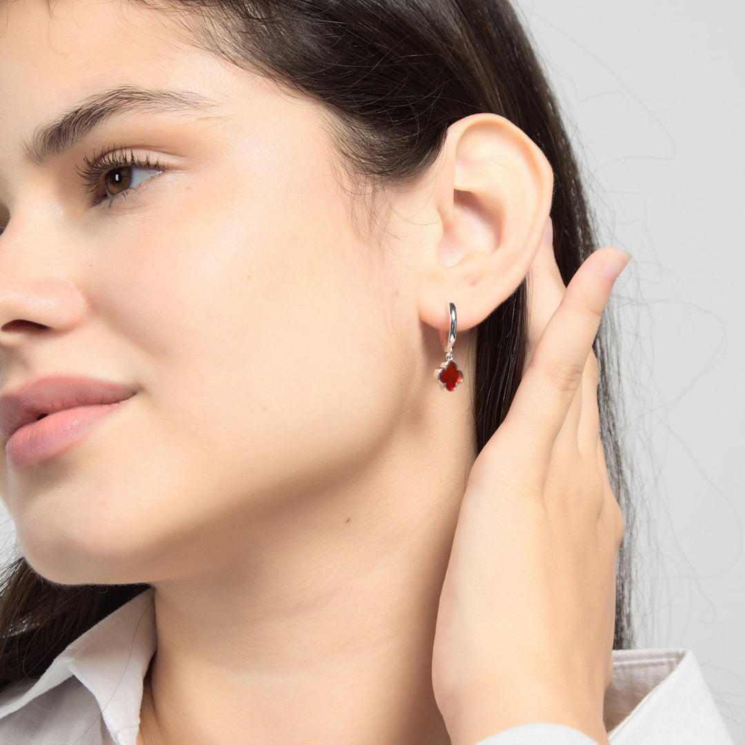 Carnelian Gemstone Clover Charm Hoop Earrings