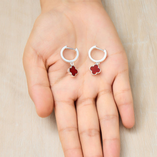 Carnelian Gemstone Clover Charm Hoop Earrings - Philip Jones Jewellery