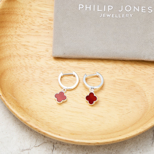 Carnelian Gemstone Clover Charm Hoop Earrings - Philip Jones Jewellery
