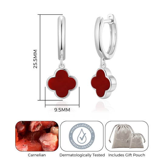 Carnelian Gemstone Clover Charm Hoop Earrings - Philip Jones Jewellery