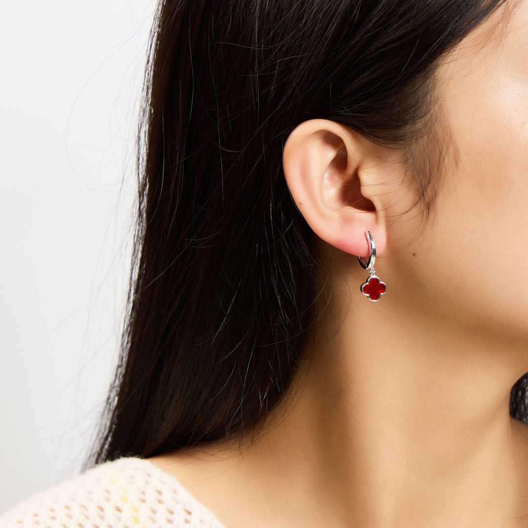 Carnelian Gemstone Clover Charm Hoop Earrings - Philip Jones Jewellery