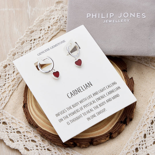 Carnelian Gemstone Heart Charm Hoop Earrings with Quote Card - Philip Jones Jewellery