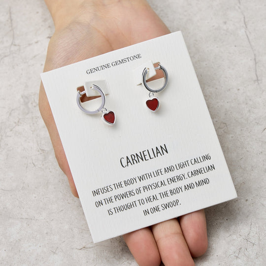 Carnelian Gemstone Heart Charm Hoop Earrings with Quote Card - Philip Jones Jewellery