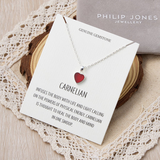 Carnelian Gemstone Heart Necklace with Quote Card - Philip Jones Jewellery
