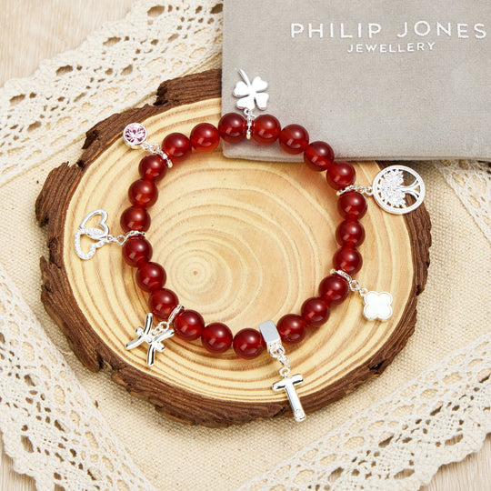 Carnelian Gemstone Stretch Bracelet with Option of Charms - Philip Jones Jewellery
