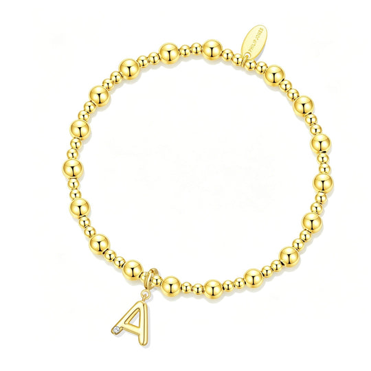 Customisable 18k Gold Plated Beaded Stretch Bracelet (A-Z) with Option of Initial Charm Lifestyle Images by Philip Jones