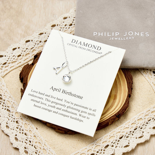 Customisable April (Diamond) Birthstone Necklace with Option of Initial Charms (A - Z) - Philip Jones Jewellery