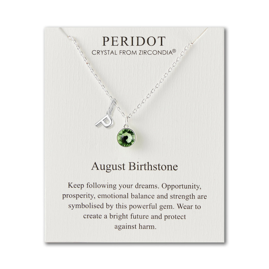 Customisable August (Peridot) Birthstone Necklace with Choice of Initial Charms (A - Z) - Philip Jones Jewellery