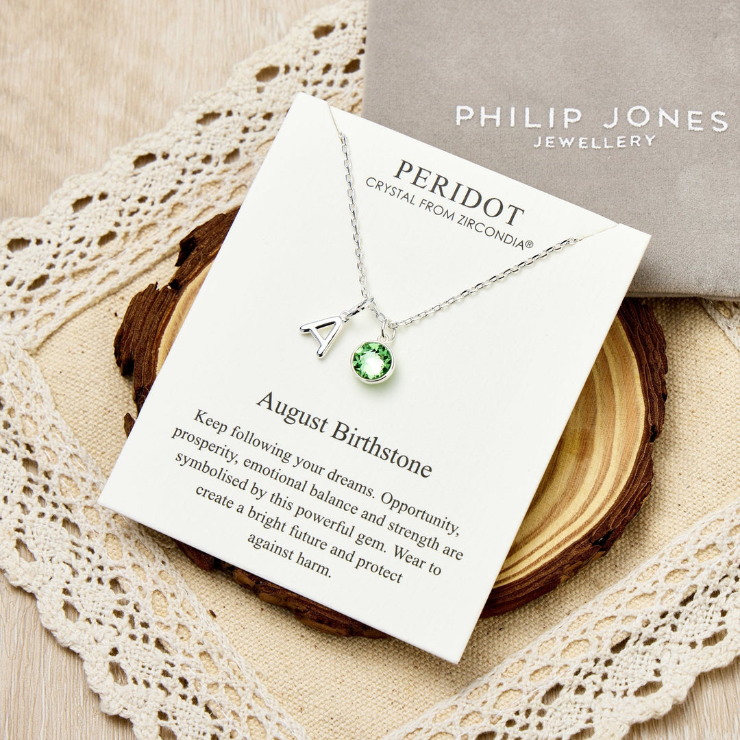 Customisable August (Peridot) Birthstone Necklace with Option of Initial Charms (A - Z) - Philip Jones Jewellery