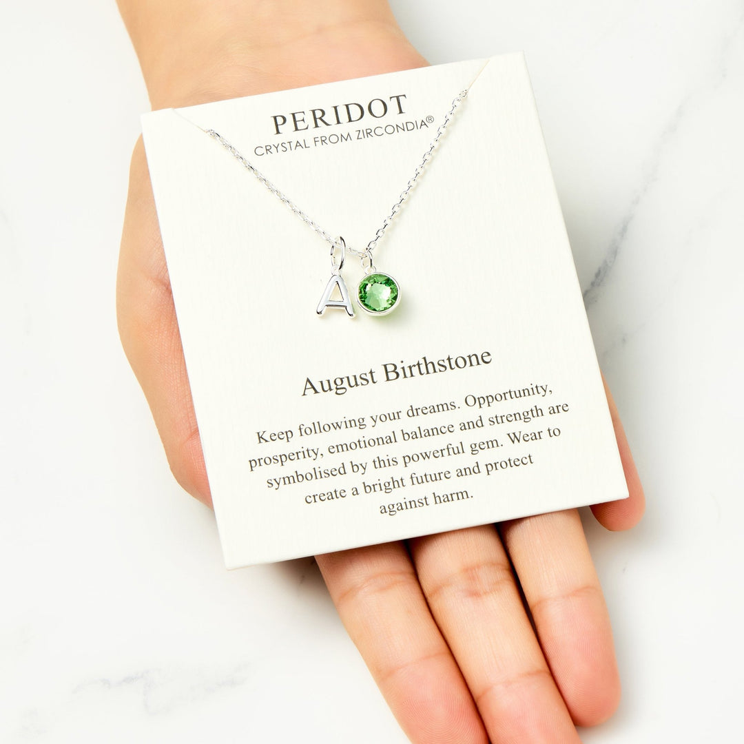 Customisable August (Peridot) Birthstone Necklace with Option of Initial Charms (A - Z) - Philip Jones Jewellery