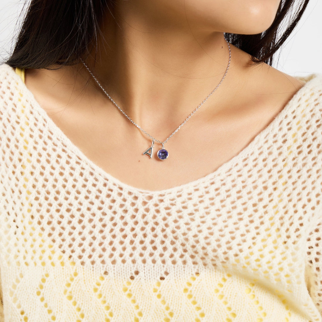 Customisable February (Amethyst) Birthstone Necklace with Option of Initial Charms (A - Z) - Philip Jones Jewellery
