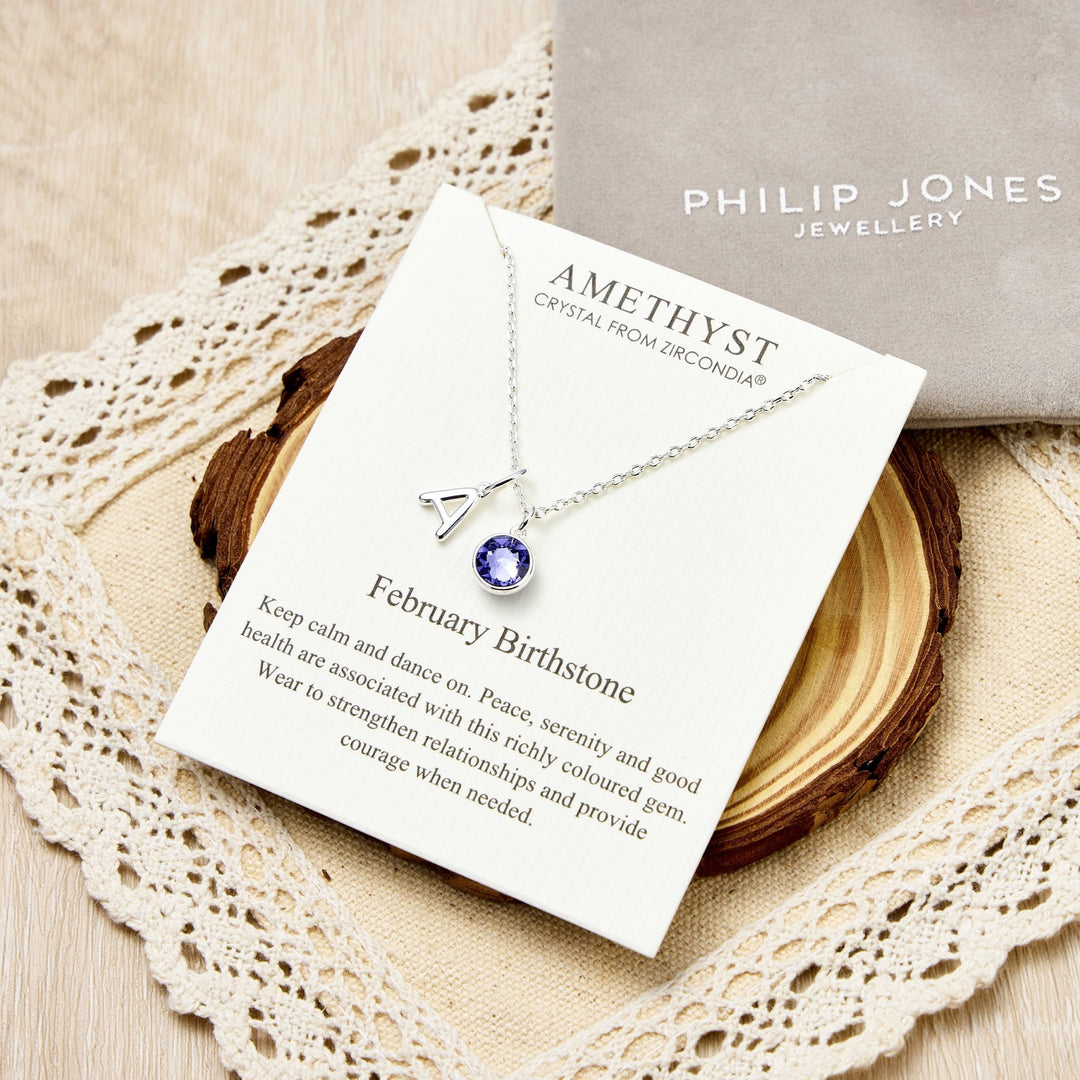 Customisable February (Amethyst) Birthstone Necklace with Option of Initial Charms (A - Z) - Philip Jones Jewellery