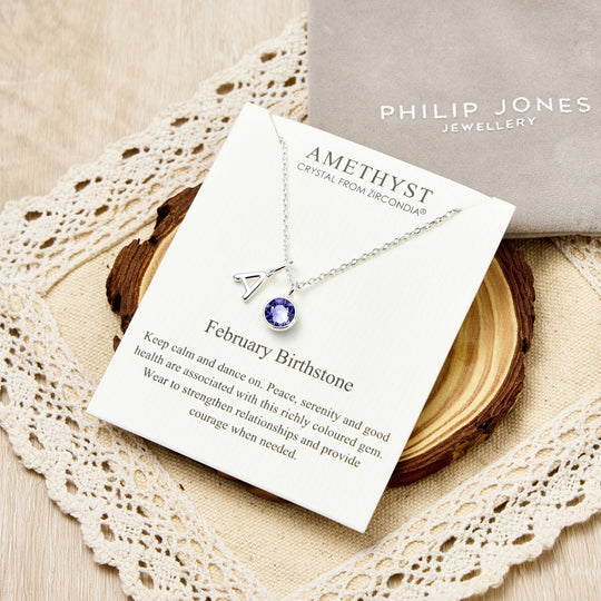Customisable February (Amethyst) Birthstone Necklace with Option of Initial Charms (A - Z) - Philip Jones Jewellery