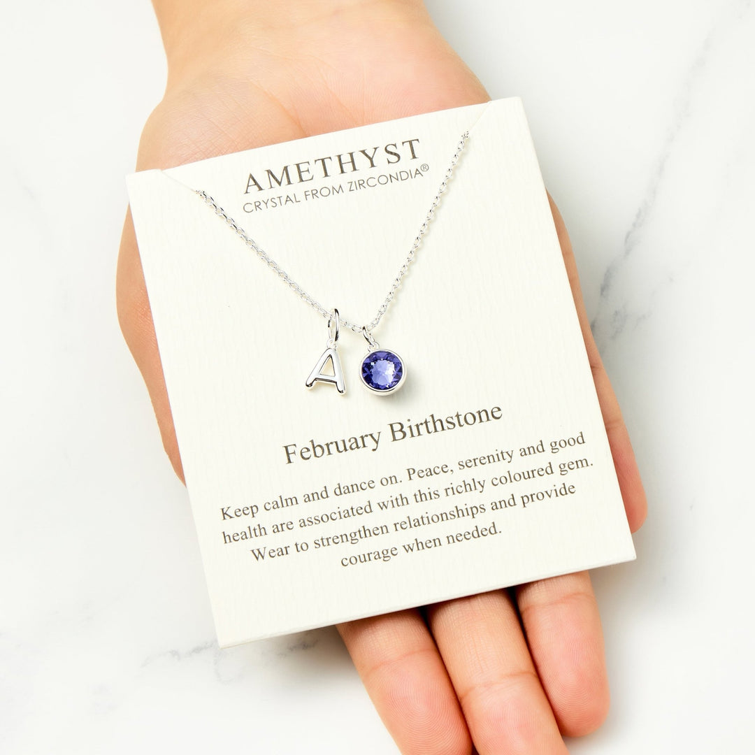 Customisable February (Amethyst) Birthstone Necklace with Option of Initial Charms (A - Z) - Philip Jones Jewellery
