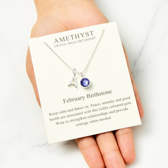 Customisable February (Amethyst) Birthstone Necklace with Option of Initial Charms (A - Z) - Philip Jones Jewellery