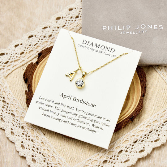 Customisable Gold Plated April (Diamond) Birthstone Necklace with Option of Initial Charms (A - Z) - Philip Jones Jewellery
