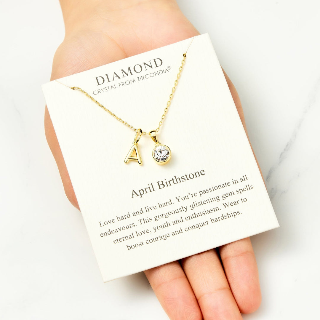 Customisable Gold Plated April (Diamond) Birthstone Necklace with Option of Initial Charms (A - Z) - Philip Jones Jewellery