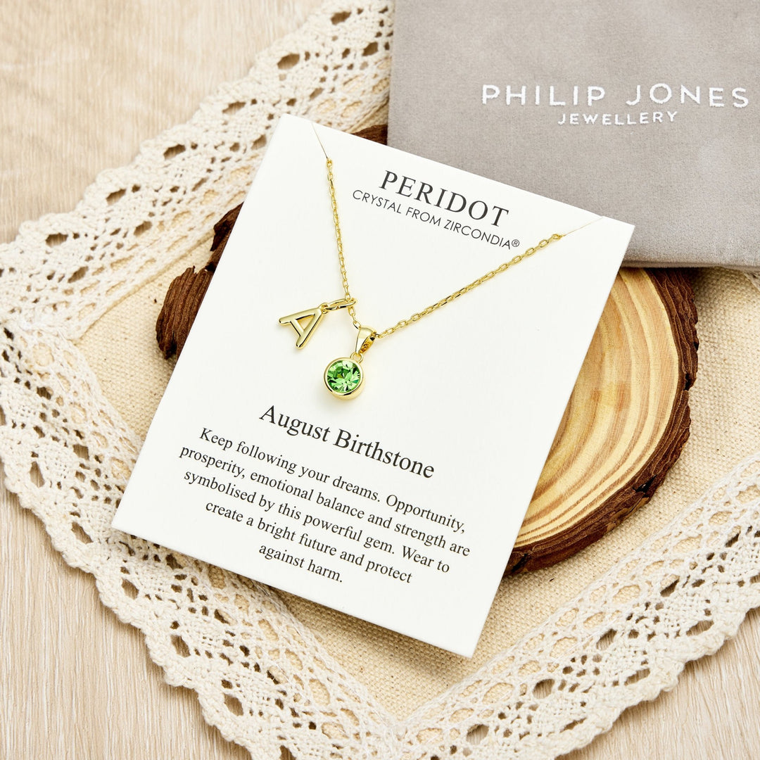 Customisable Gold Plated August (Peridot) Birthstone Necklace with Option of Initial Charms (A - Z) - Philip Jones Jewellery