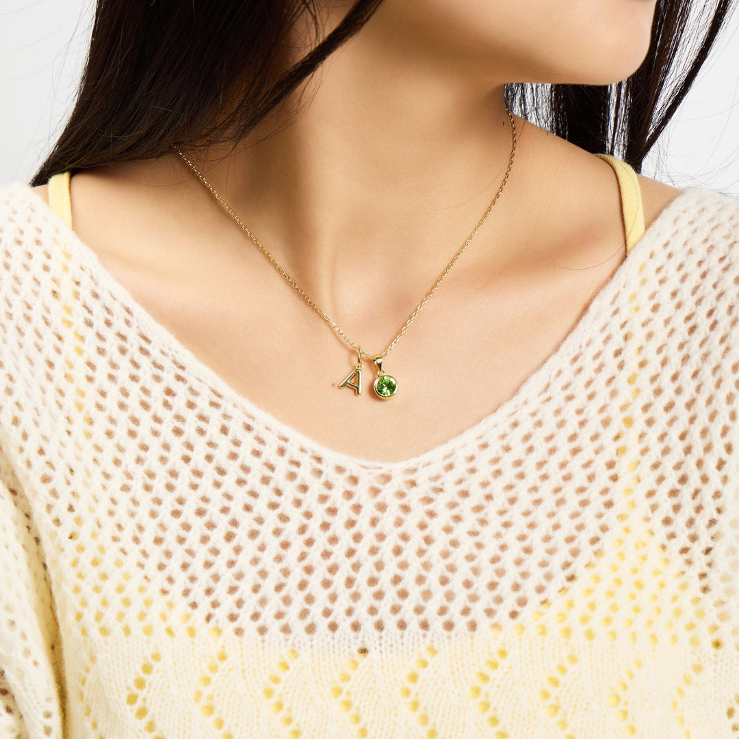 Customisable Gold Plated August (Peridot) Birthstone Necklace with Option of Initial Charms (A - Z) - Philip Jones Jewellery