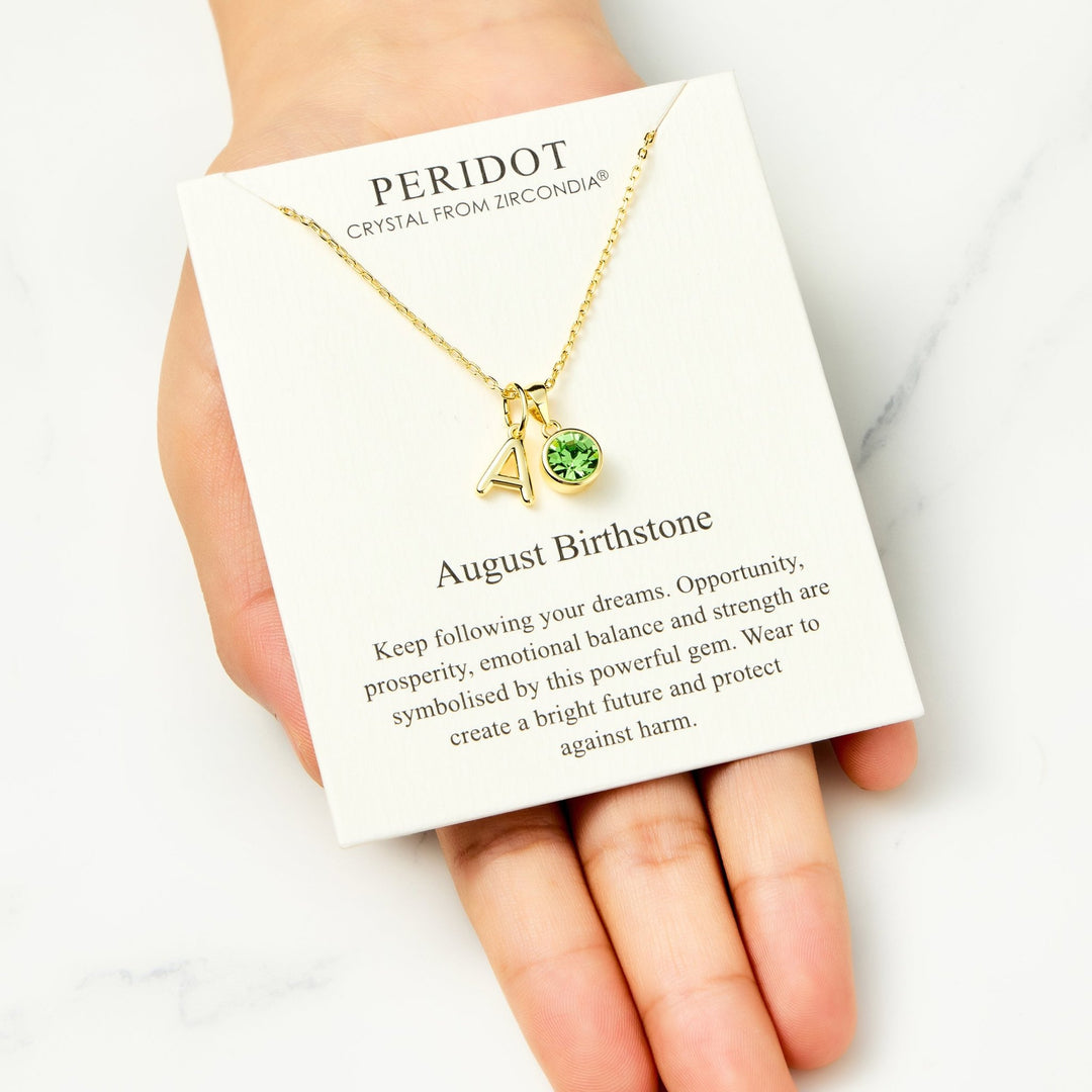 Customisable Gold Plated August (Peridot) Birthstone Necklace with Option of Initial Charms (A - Z) - Philip Jones Jewellery