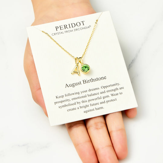 Customisable Gold Plated August (Peridot) Birthstone Necklace with Option of Initial Charms (A - Z) - Philip Jones Jewellery