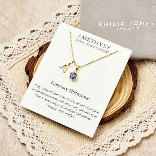 Customisable Gold Plated February (Amethyst) Birthstone Necklace with Option of Initial Charms (A - Z) - Philip Jones Jewellery