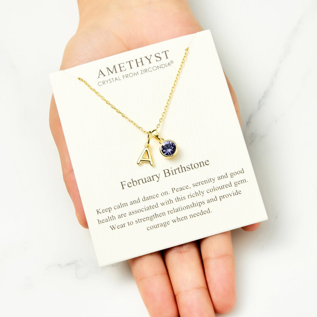 Customisable Gold Plated February (Amethyst) Birthstone Necklace with Option of Initial Charms (A - Z) - Philip Jones Jewellery