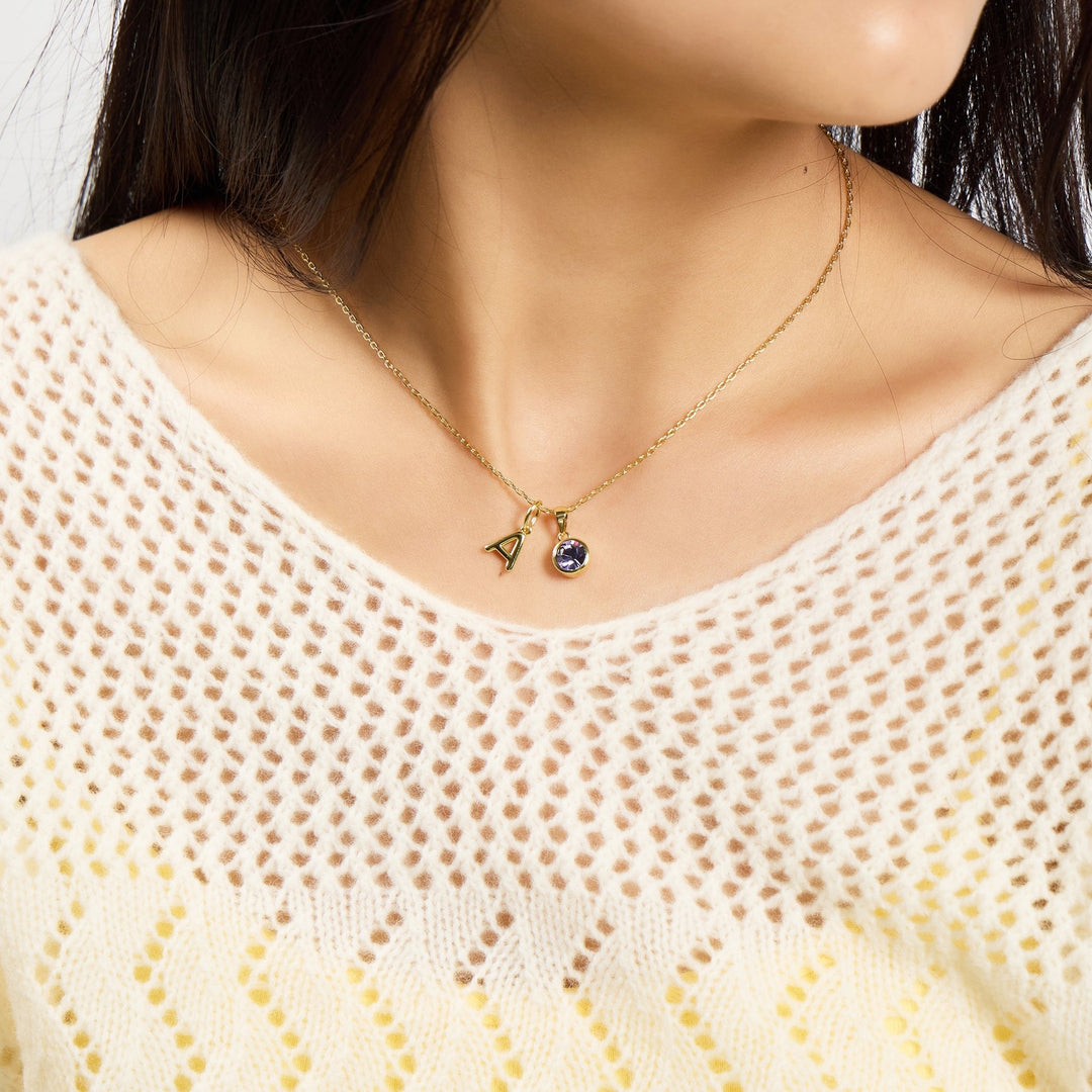 Customisable Gold Plated February (Amethyst) Birthstone Necklace with Option of Initial Charms (A - Z) - Philip Jones Jewellery