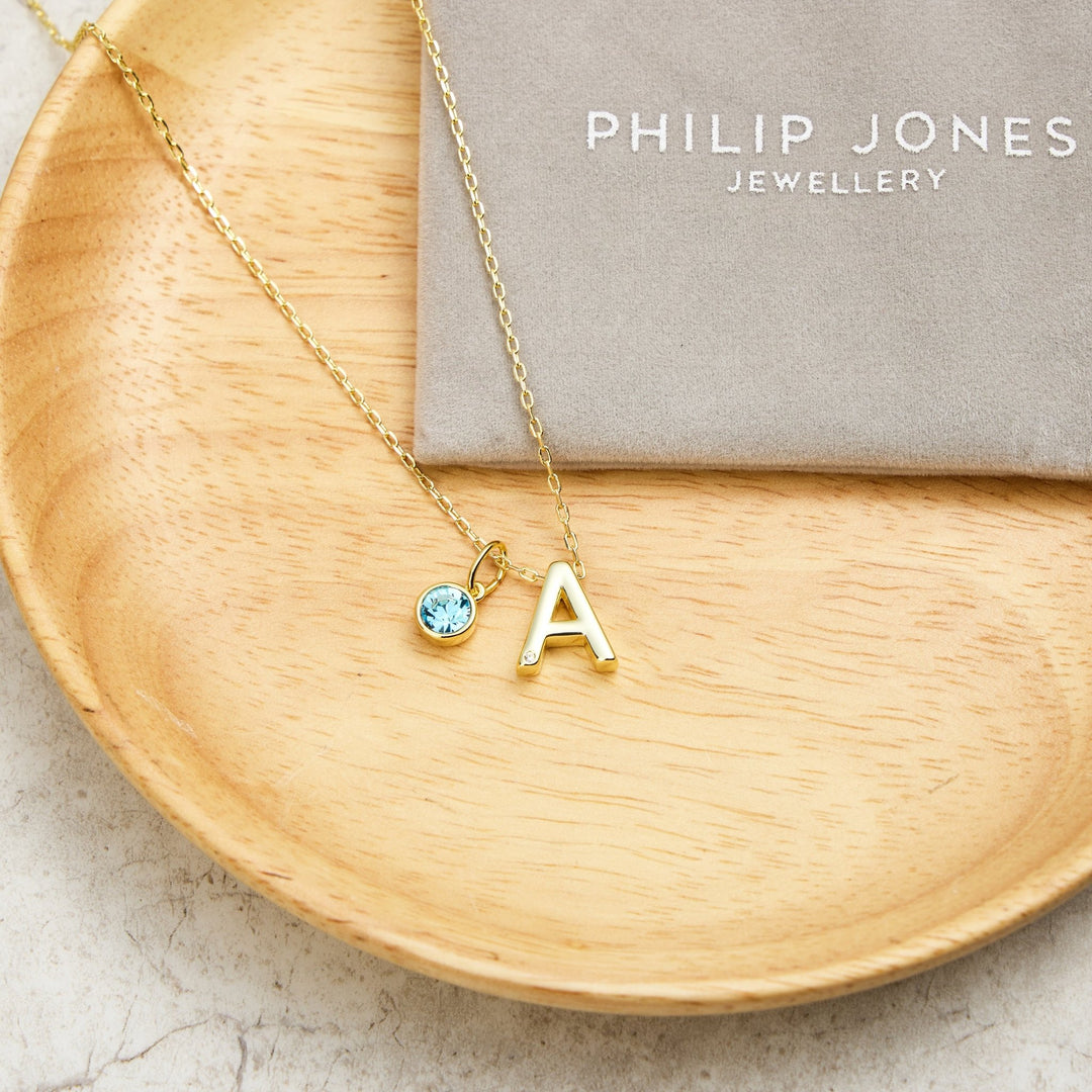 Customisable Gold Plated Initial Necklace (A - Z) with Option of Birthstone Charm - Philip Jones Jewellery