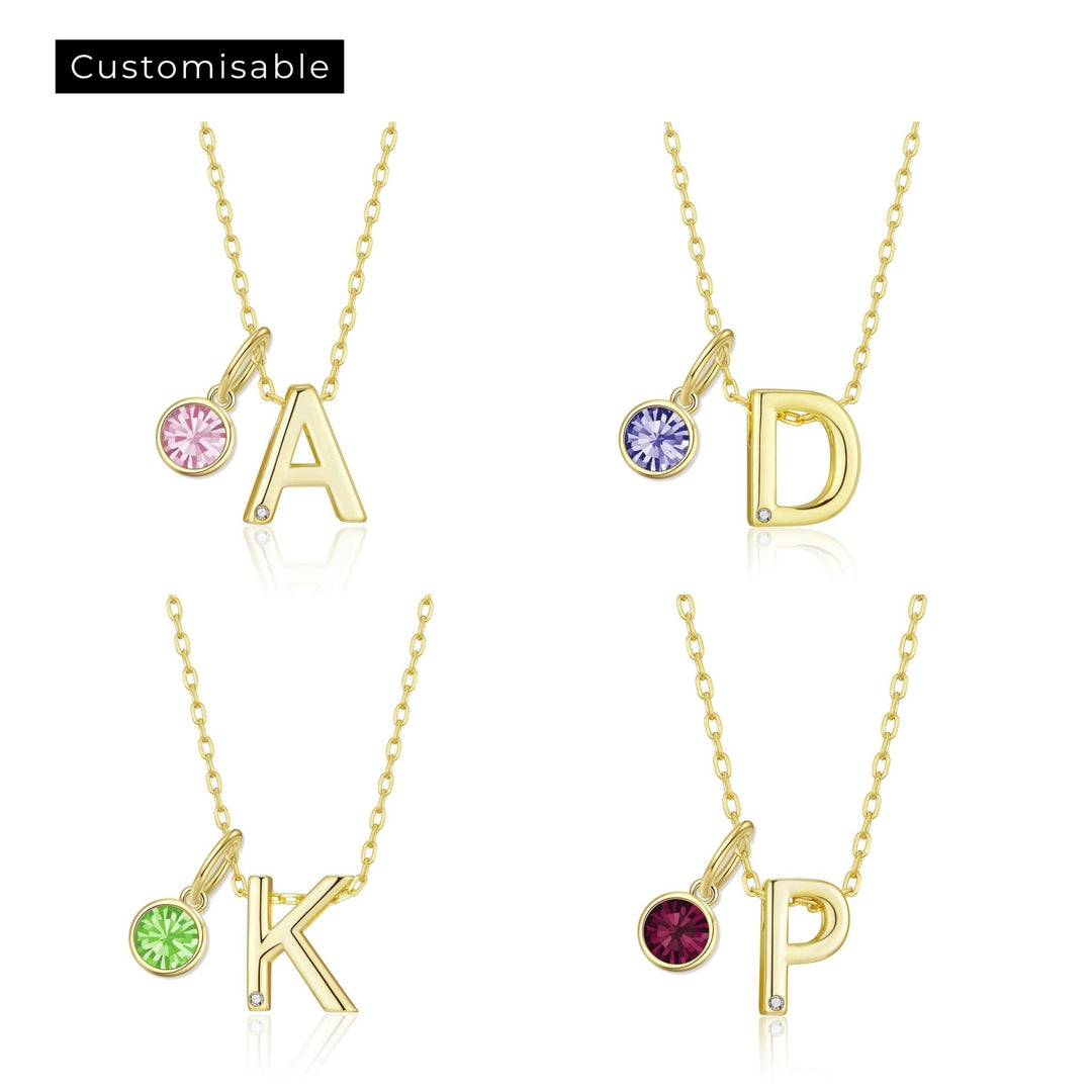 Customisable Gold Plated Initial Necklace (A - Z) with Option of Birthstone Charm - Philip Jones Jewellery
