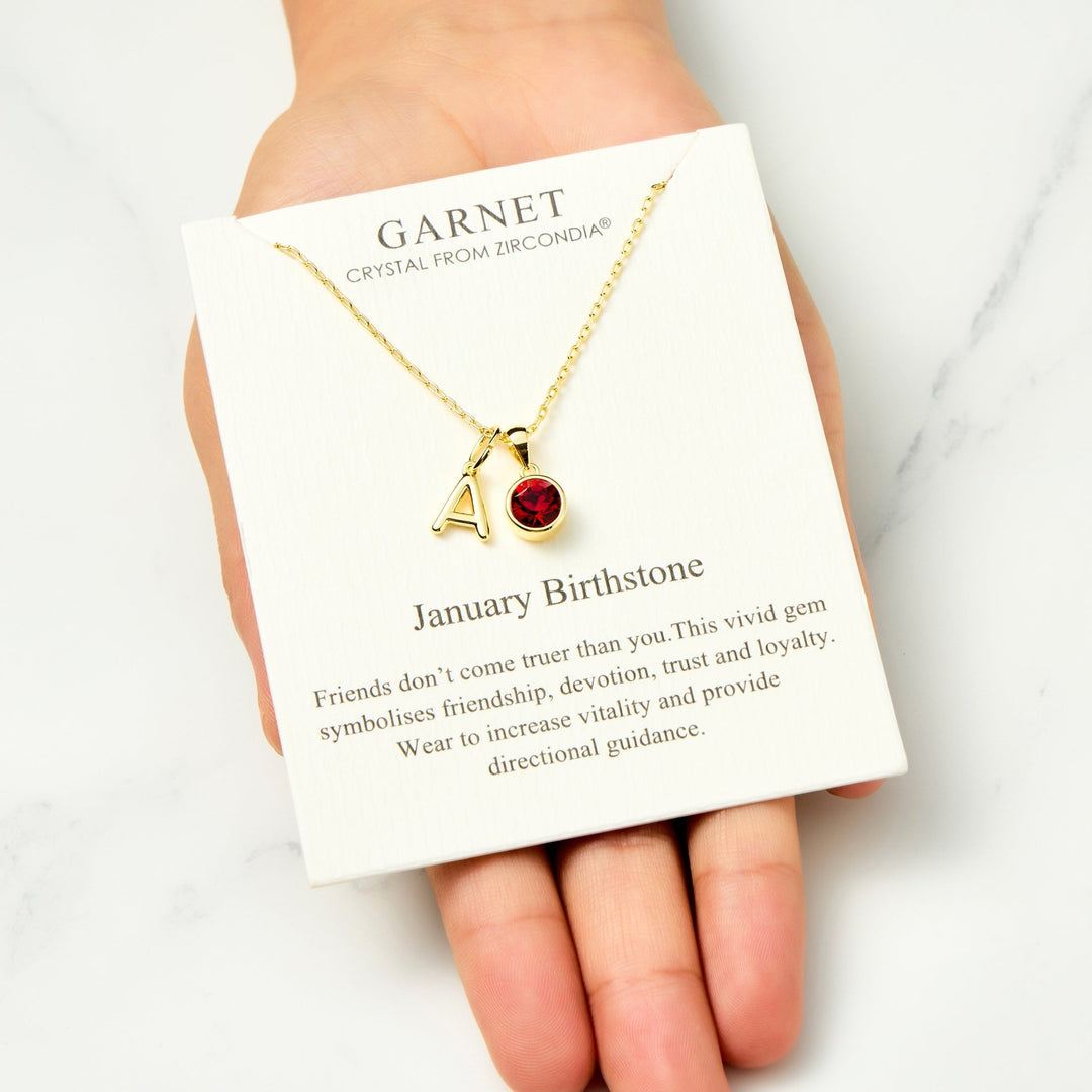 Customisable Gold Plated January (Garnet) Birthstone Necklace with Option of Initial Charms (A - Z) - Philip Jones Jewellery