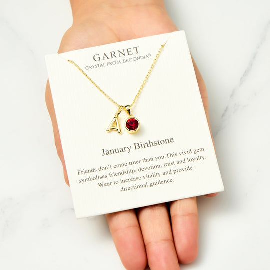 Customisable Gold Plated January (Garnet) Birthstone Necklace with Option of Initial Charms (A - Z) - Philip Jones Jewellery