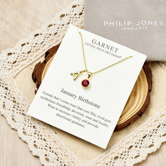 Customisable Gold Plated January (Garnet) Birthstone Necklace with Option of Initial Charms (A - Z) - Philip Jones Jewellery
