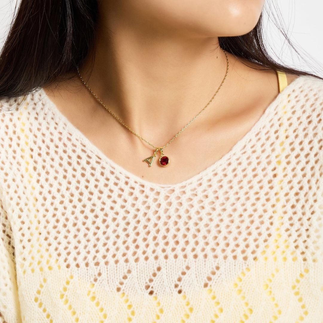 Customisable Gold Plated January (Garnet) Birthstone Necklace with Option of Initial Charms (A - Z) - Philip Jones Jewellery