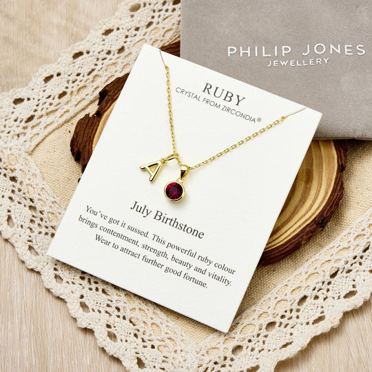 Customisable Gold Plated July (Ruby) Birthstone Necklace with Option of Initial Charms (A - Z) - Philip Jones Jewellery