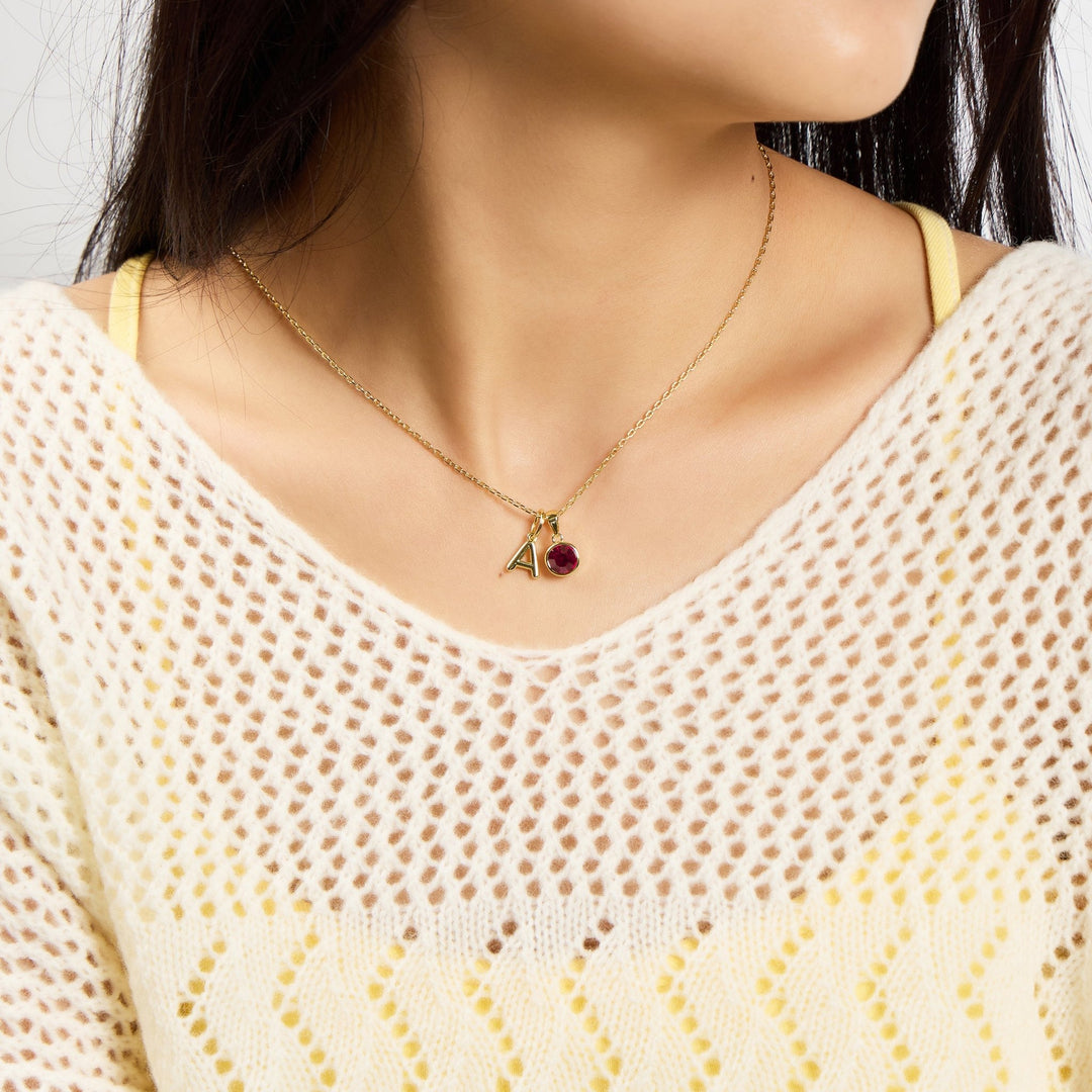 Customisable Gold Plated July (Ruby) Birthstone Necklace with Option of Initial Charms (A - Z) - Philip Jones Jewellery