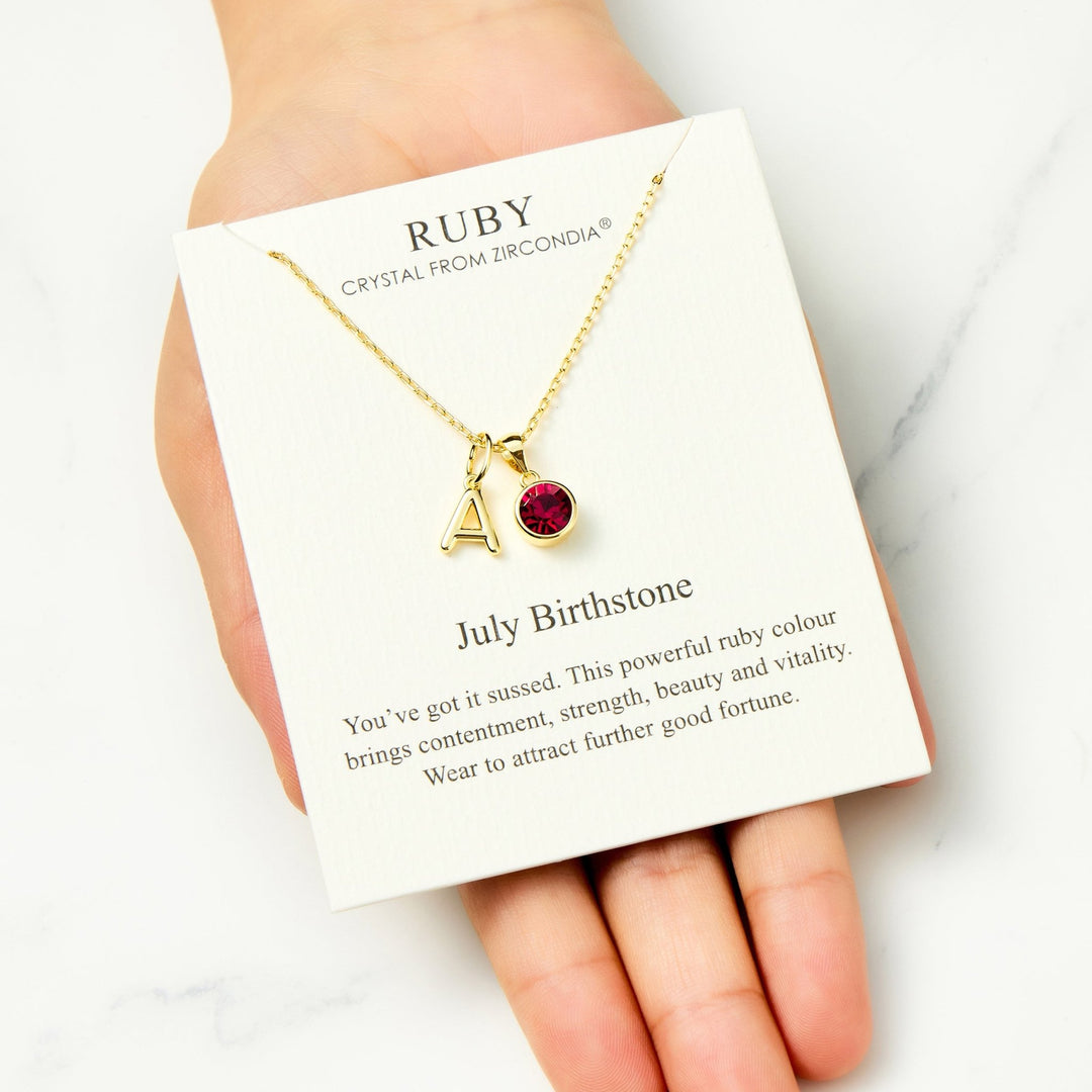 Customisable Gold Plated July (Ruby) Birthstone Necklace with Option of Initial Charms (A - Z) - Philip Jones Jewellery