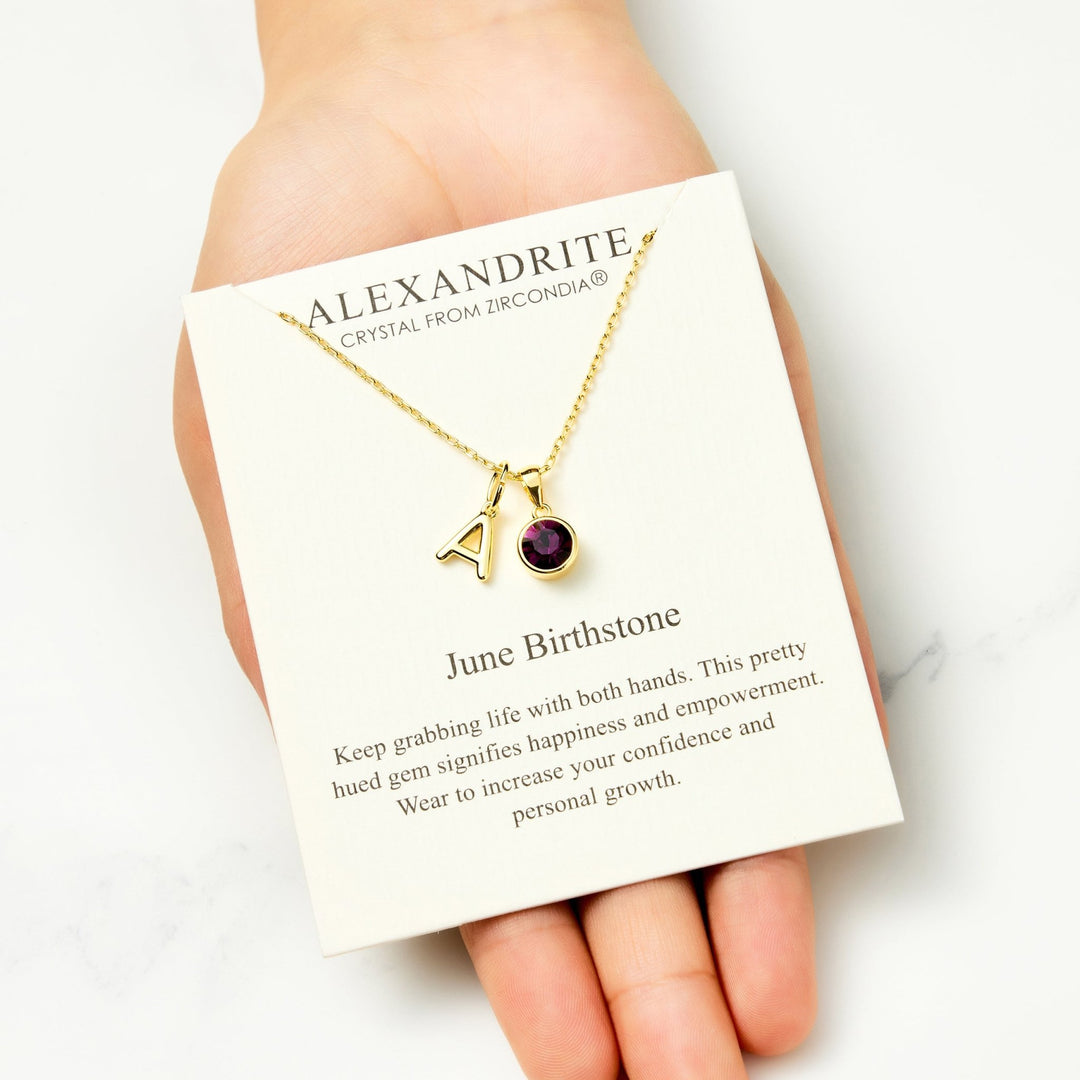 Customisable Gold Plated June (Alexandrite) Birthstone Necklace with Option of Initial Charms (A - Z) - Philip Jones Jewellery
