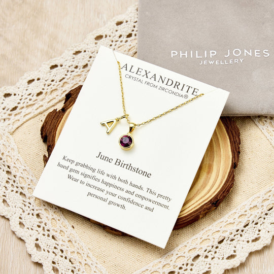 Customisable Gold Plated June (Alexandrite) Birthstone Necklace with Option of Initial Charms (A - Z) - Philip Jones Jewellery