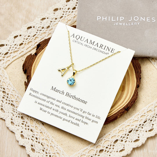 Customisable Gold Plated March (Aquamarine) Birthstone Necklace with Option of Initial Charms (A - Z) - Philip Jones Jewellery