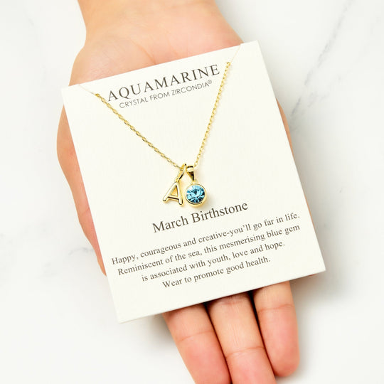 Customisable Gold Plated March (Aquamarine) Birthstone Necklace with Option of Initial Charms (A - Z) - Philip Jones Jewellery