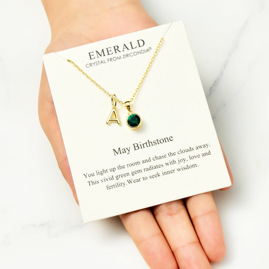 Customisable Gold Plated May (Emerald) Birthstone Necklace with Option of Initial Charms (A - Z) - Philip Jones Jewellery