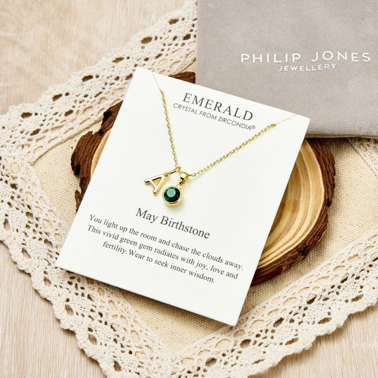 Customisable Gold Plated May (Emerald) Birthstone Necklace with Option of Initial Charms (A - Z) - Philip Jones Jewellery